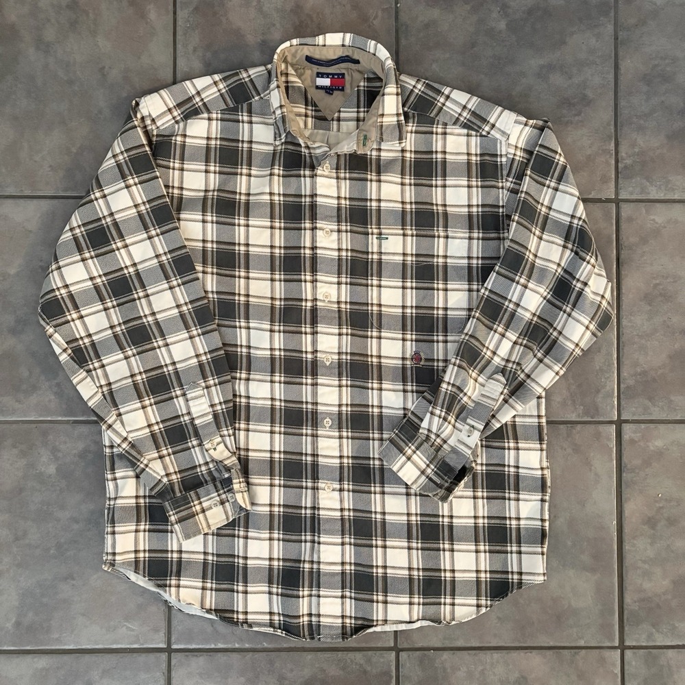 vintage tommy hilfiger Plaid Green Cream Khaki Long Sleeve Button Up Shirt Men M